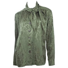 80s Vintage YVES SAINT LAURENT Green Silk Jacquard Blouse with Tie Neckline 