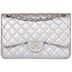 Vintage Chanel Silver Metallic Quilted Lambskin Jumbo Classic Double Flap Bag
