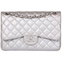 Vintage Chanel Silver Metallic Quilted Lambskin Jumbo Classic Double Flap Bag