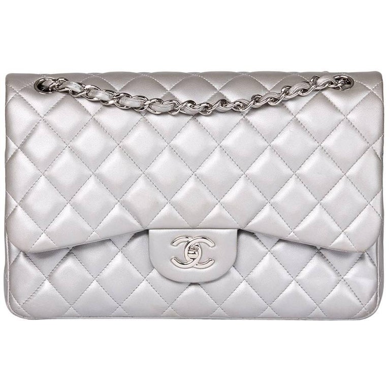 Chanel Silver Metallic Quilted Lambskin Jumbo Classic Double Flap Bag