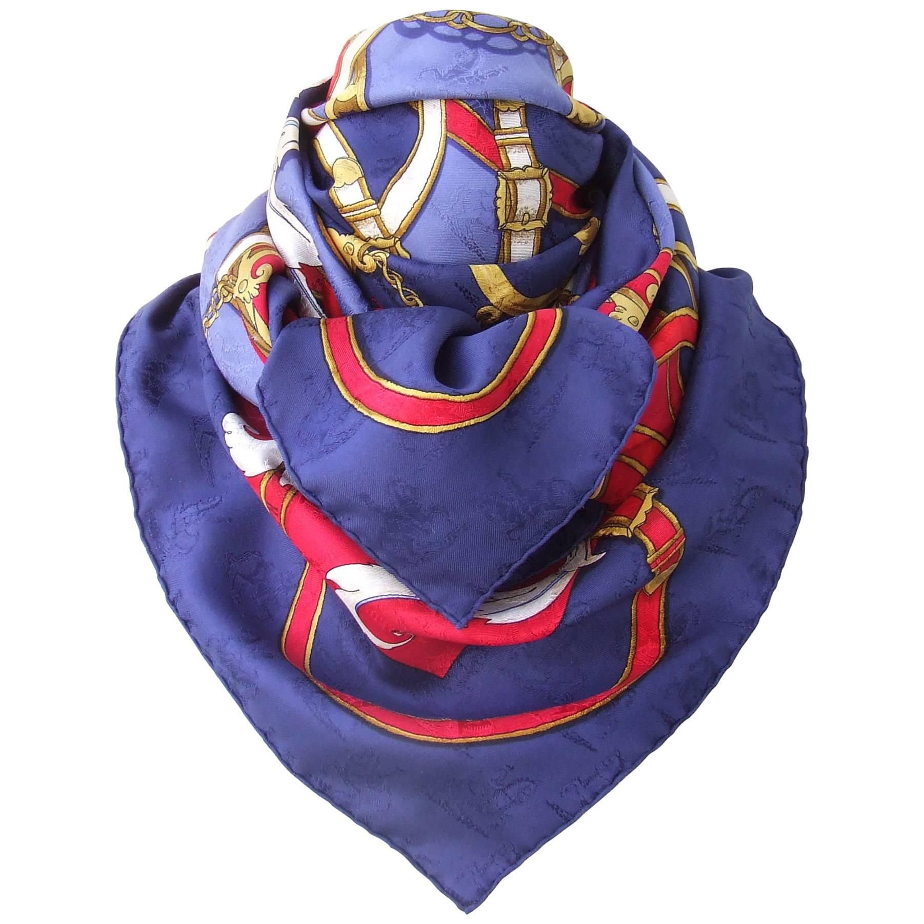 Hermes Vintage Silk Scarf Instruction Du Roy Blue Red Gold Jacquard 90 cm