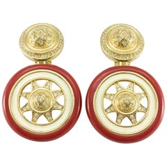 1980's Dior Large Red and White Enamel and Rhinestones Gilt Earrings