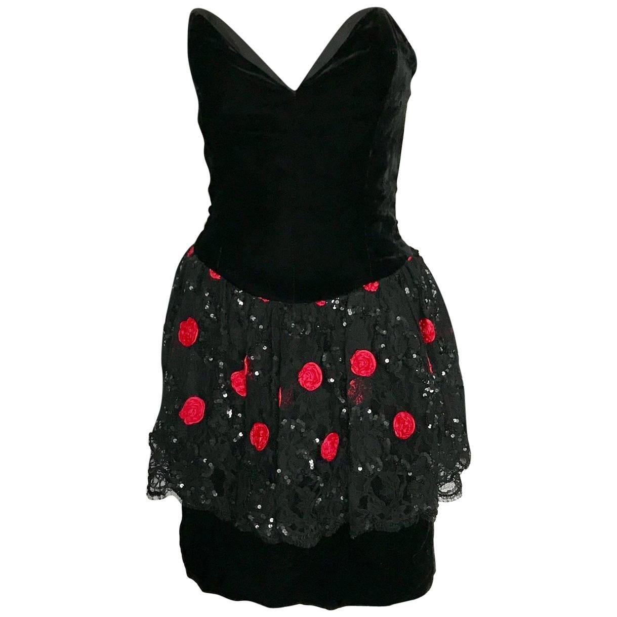 Christian Dior black and red velvet dress, circa 1985 For Sale