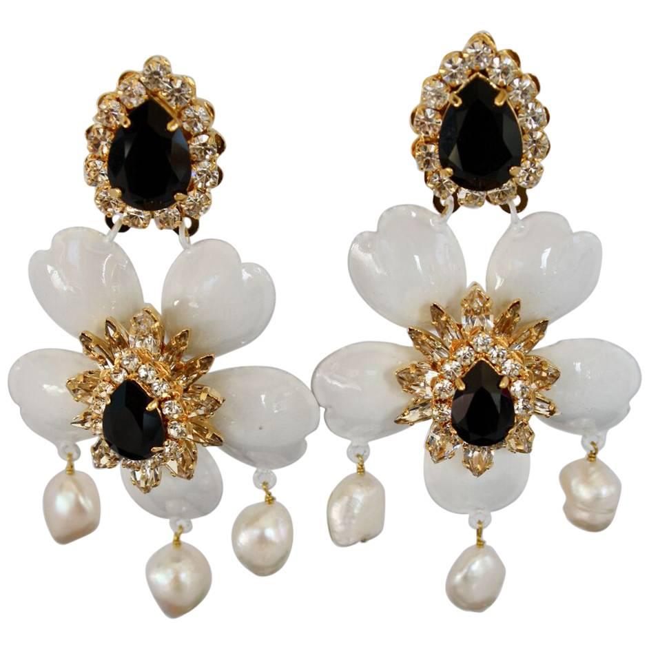 Shourouk White Dahlia Pierced Earrings