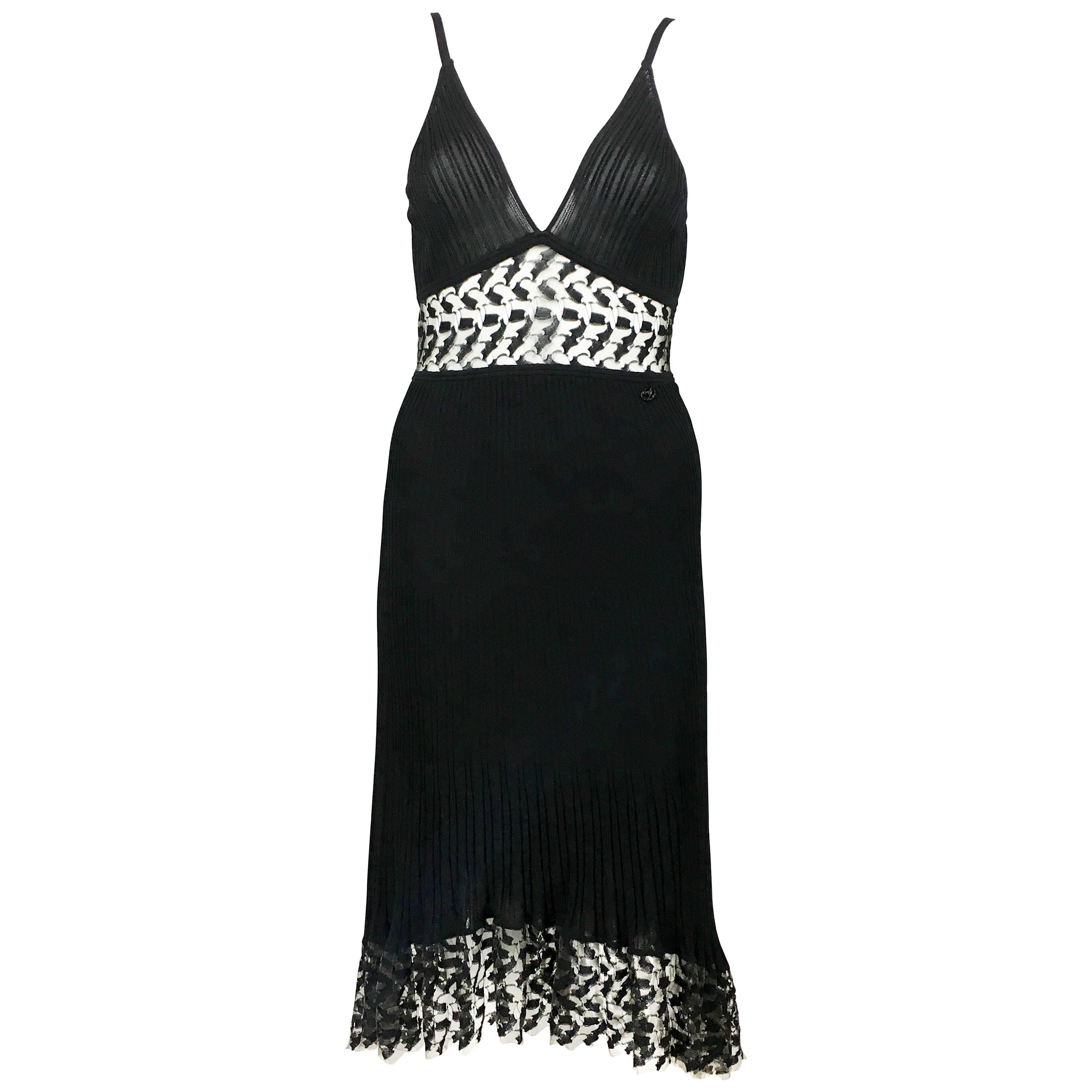 Chanel Black Ribbed Dress With Lace Panels, 2006  For Sale