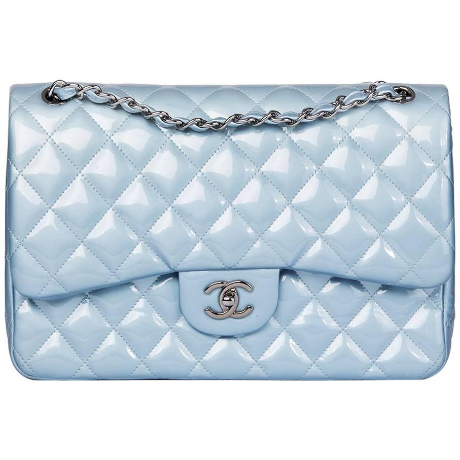 Guaranteed Authentic Chanel Double Flap Classic Timeless 10 light Blue  Iridescent Lambskin Shoulder Bag