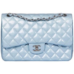 Chanel Sky Blue Quilted Iridescent Patent Leather Jumbo Classic Double Flap Bag