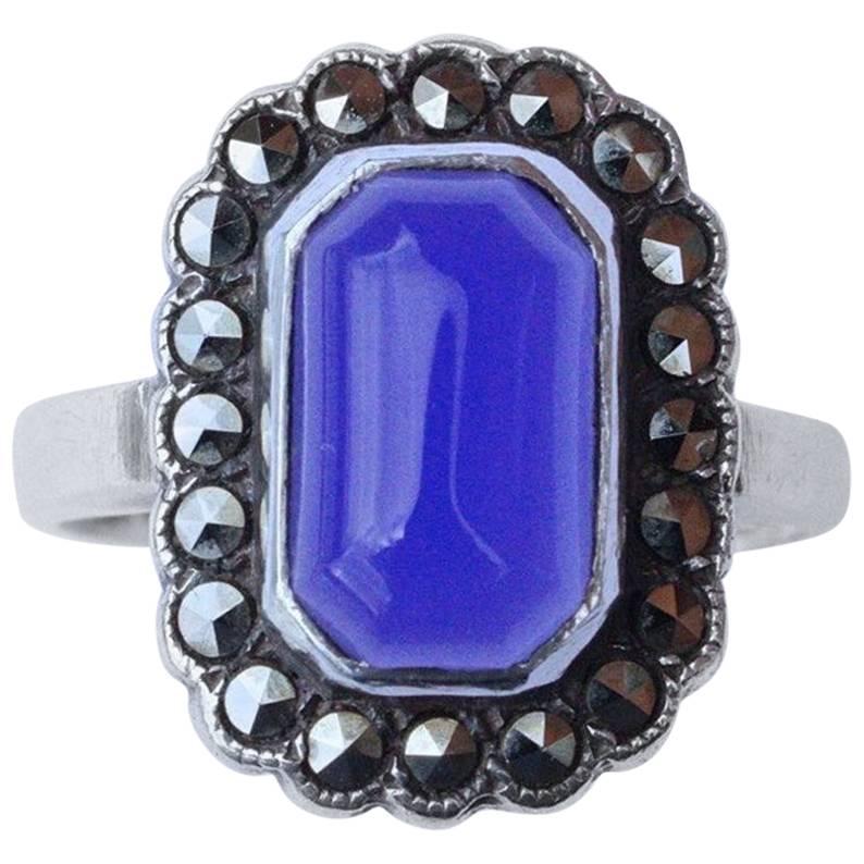 Art Deco Silver, Marcasite and Blue Chalcedony Ring