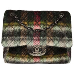 Vintage Chanel Dark Muti Colour Tartan Quilted Mohair Fabric Day Flap Bag 