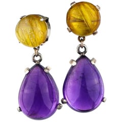 AJD Elegant 34.6 Cts of Rutilated Quartz & Amethysts Stud Silver Earrings