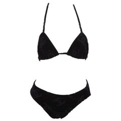 Retro Chanel Black Swimsuit Velour Bikini with Logos 