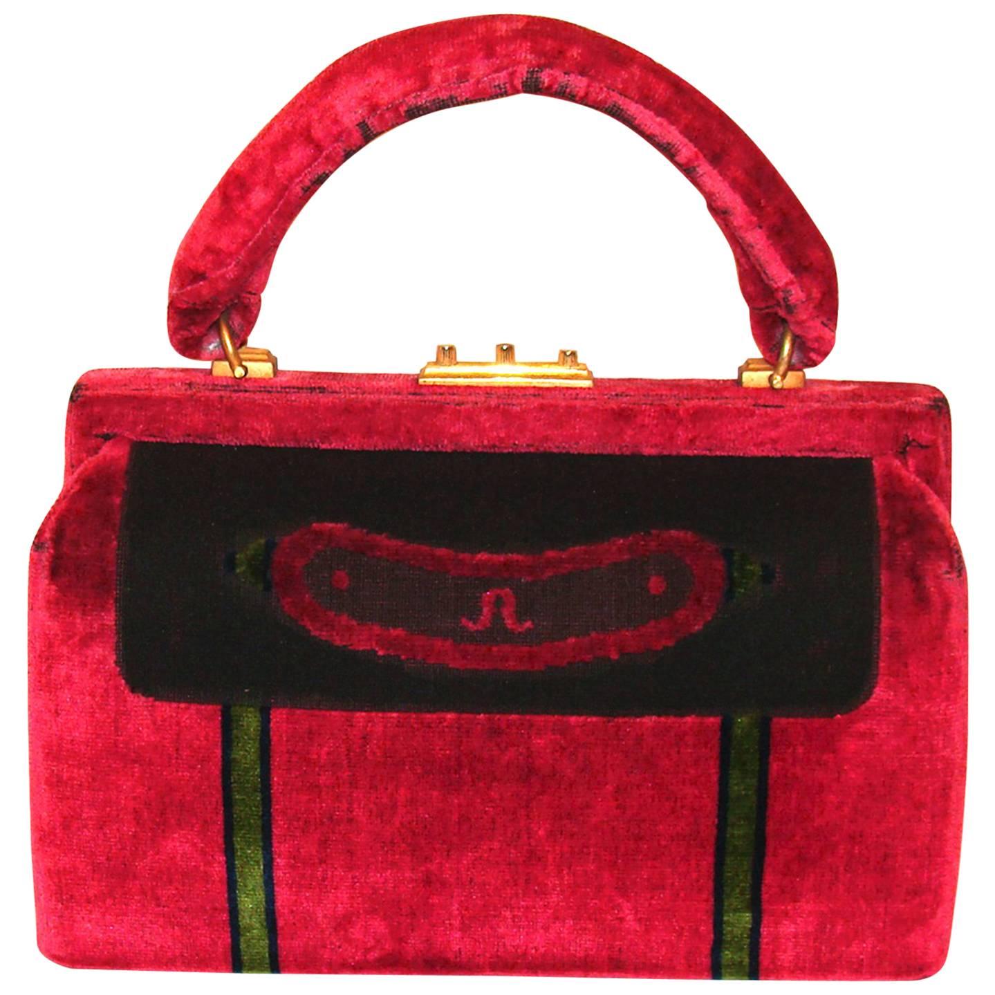 Vintage, Classic Red Sculpted Velvet Bag by Roberta di Camerino