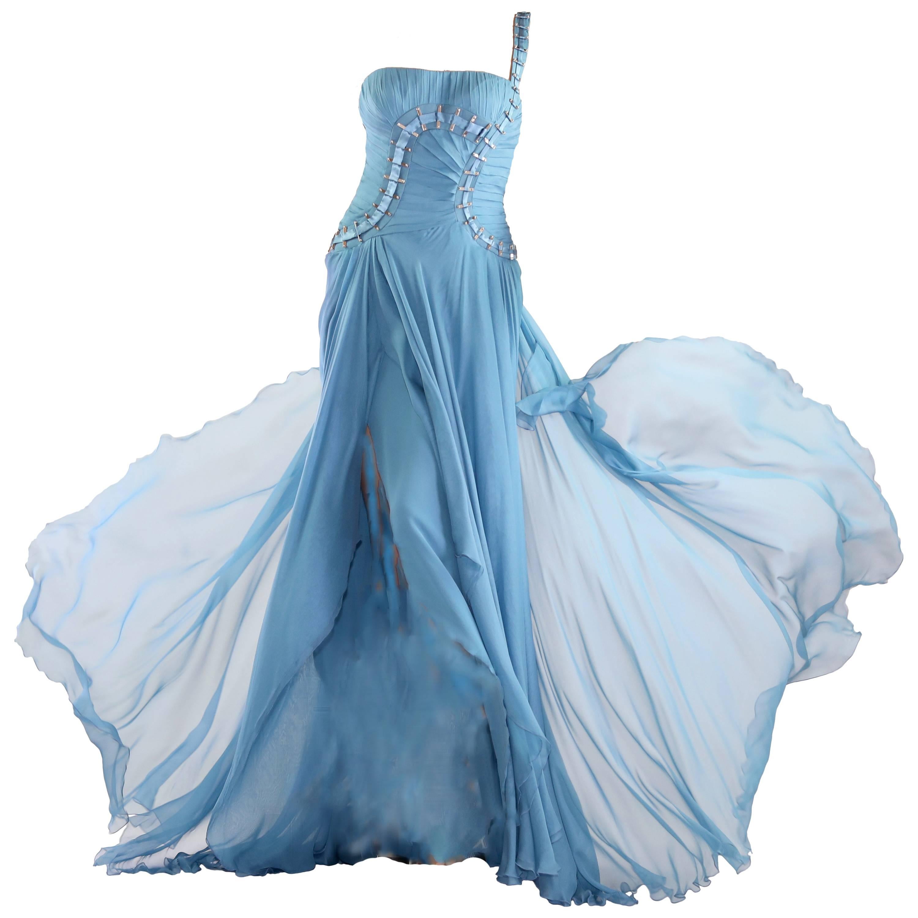Versace - Robe asymétrique en soie bleue asymétrique vue sur Donatella 38 - 2 ; 44 - 8 en vente
