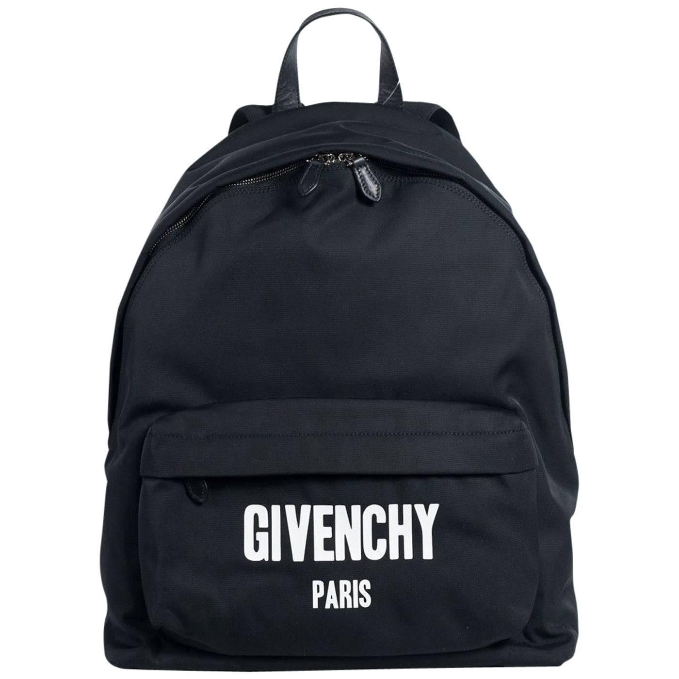 Givenchy Black Cotton Blend Leather Trim Zip Around Logo Front Backpack