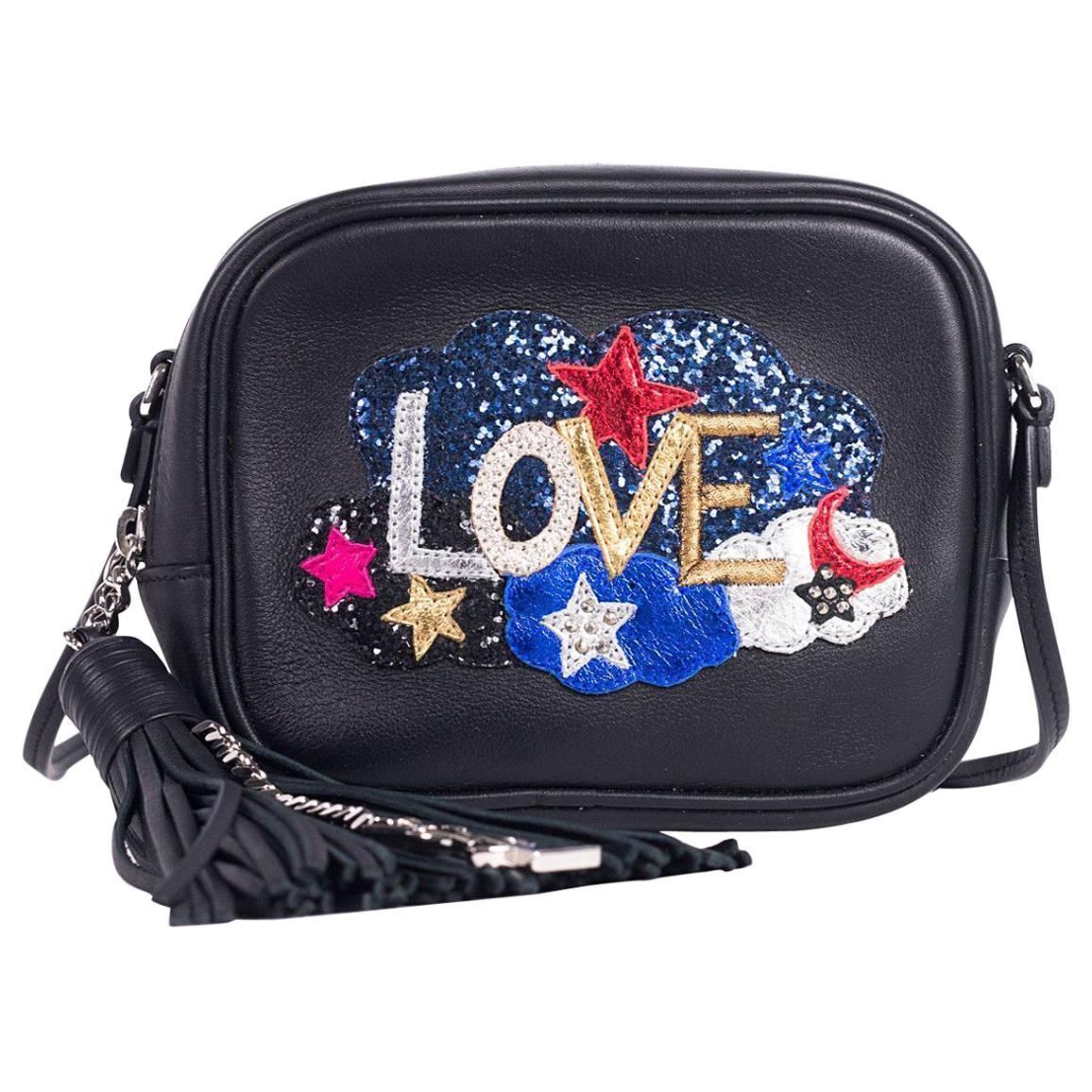 Saint Laurent Womens Black Leather Mini Love Embellished Blogger Bag