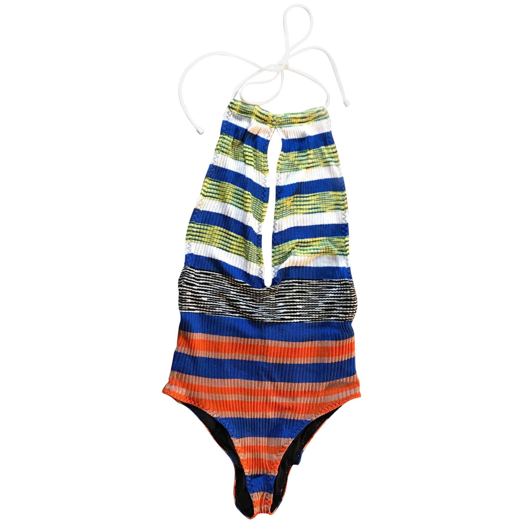 Missoni Blue White Orange Stripe Slit Front Knit Swimsuit or Bodysuit 