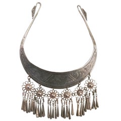 Sterling Silver Etched Collar with Dangling Pendants, 1960s