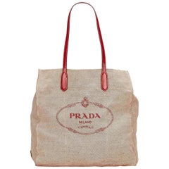 Beige & Red Prada Logo Canvas Tote Bag