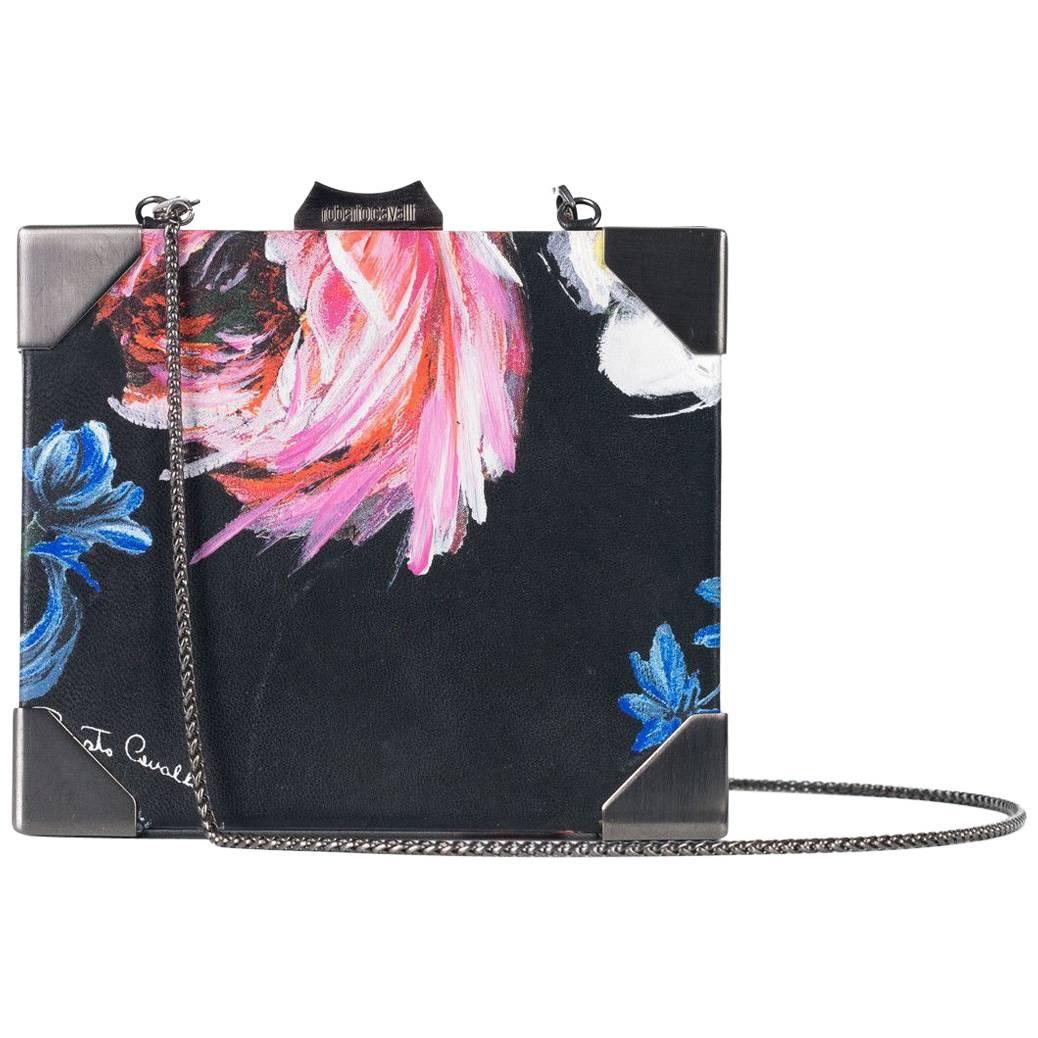 Roberto Cavalli Black Leather Push Lock Floral Print Clutch with Straps For Sale