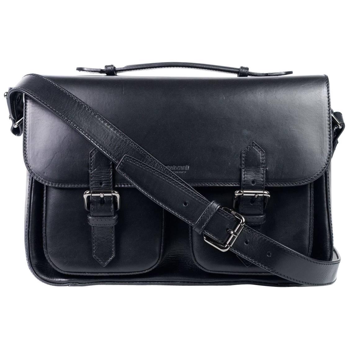 Roberto Cavalli Black Smooth Leather Double Strap Satchel Shoulder Bag For Sale
