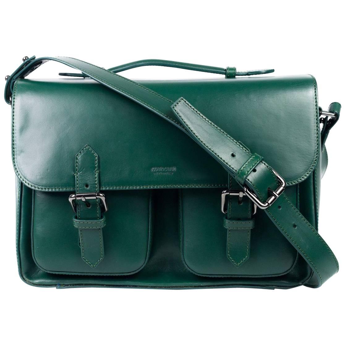 Roberto Cavalli Green Smooth Leather Double Strap Satchel Shoulder Bag For Sale