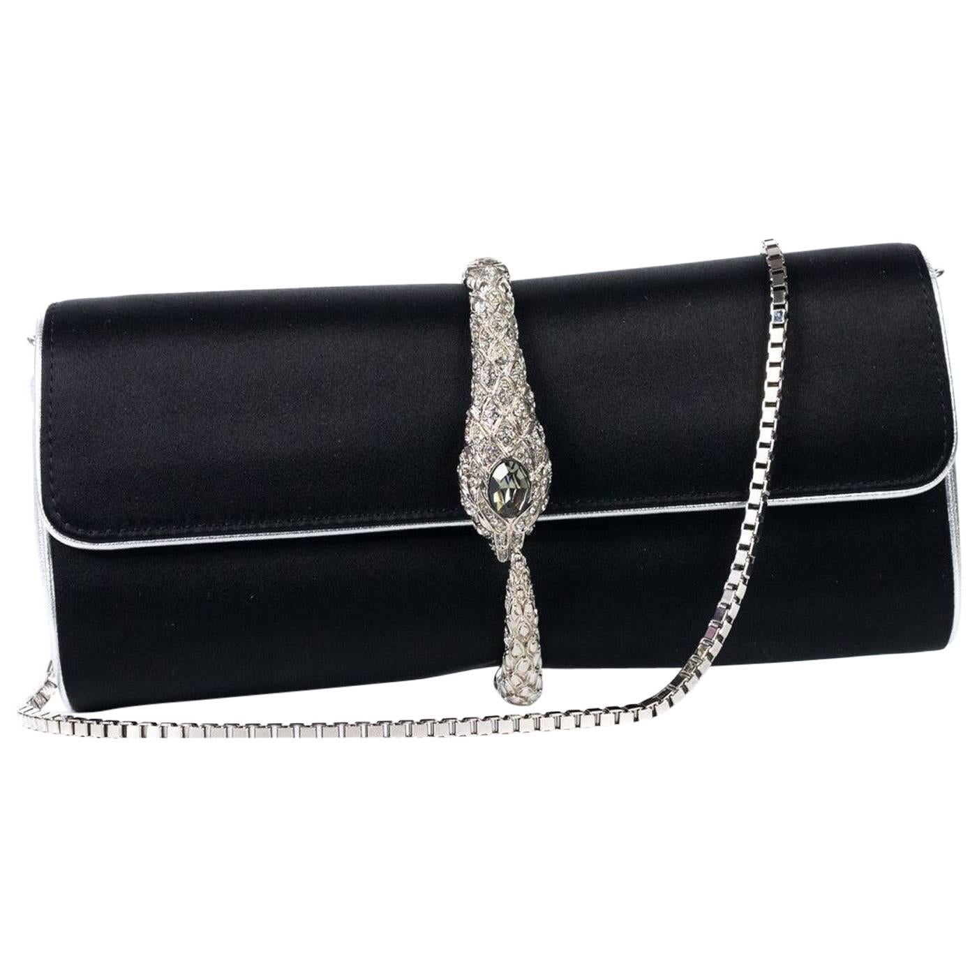 Roberto Cavalli Black Silver Serpent Jewel Clutch Wallet Shoulder Bag For Sale