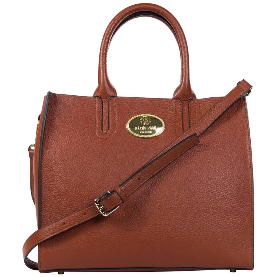 Roberto Cavalli Structured Brown Grainy Calf Leather Tote Bag For Sale