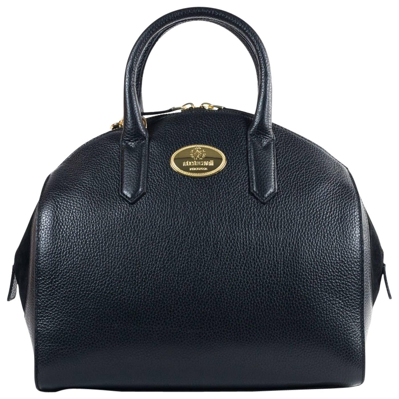 Roberto Cavalli Womens Black Grained Leather Bowler Handbag For Sale