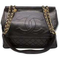 Chanel Black Leather Quilted Shopper Tote Bag