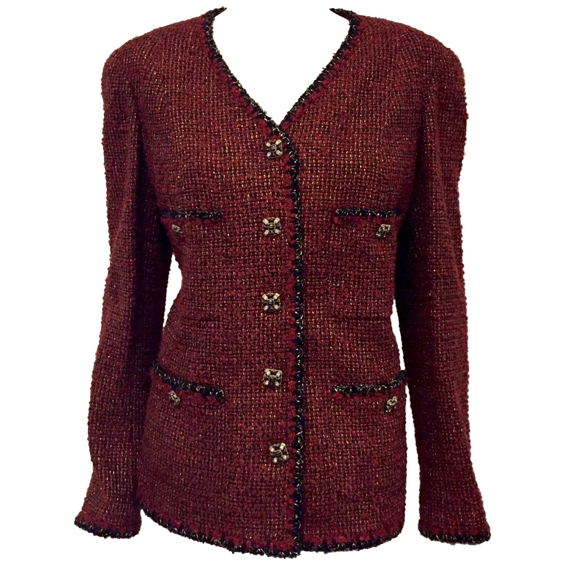 Chanel Bordeaux Tweed Jacket with Glimmering Gold Tone Threads For Sale