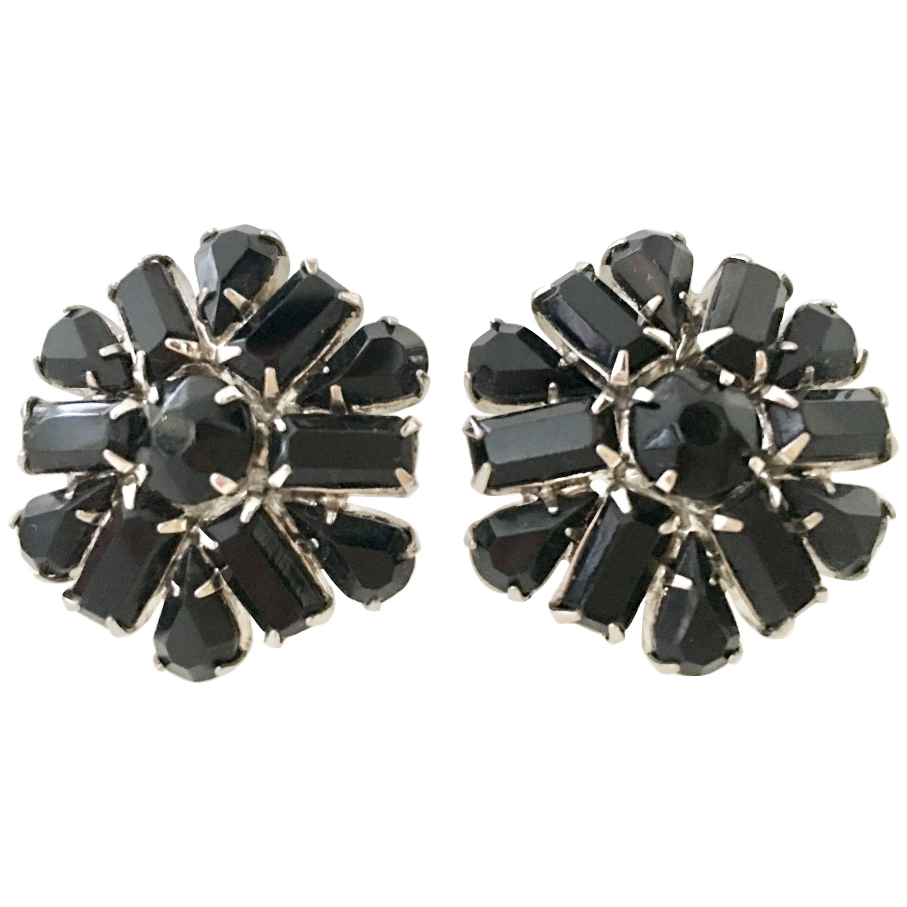 60'S Silver & Black Molded Glass Abstract Flower Earrings By, Weiss For Sale