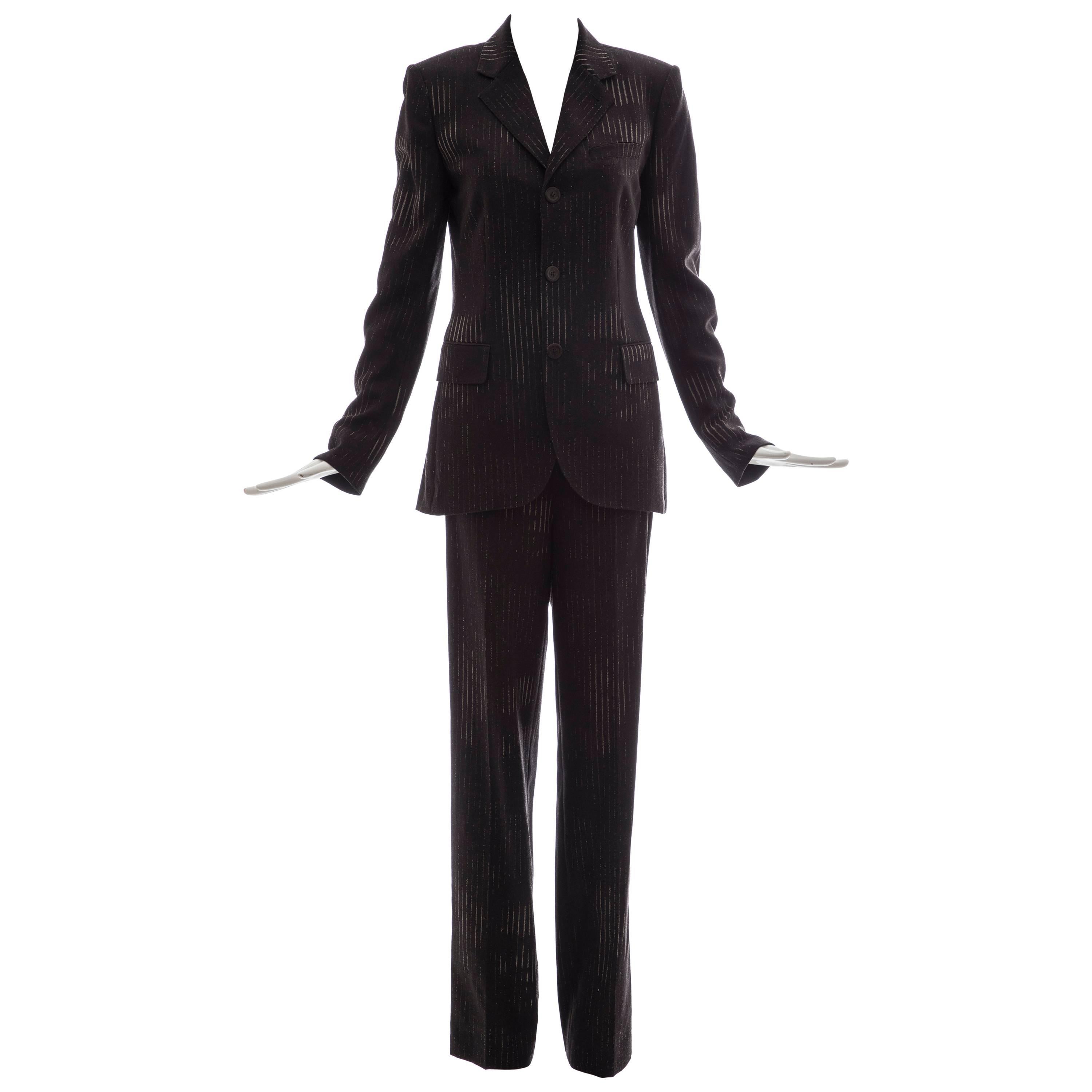 Jean Paul Gaultier 3D Printed Faces Wool Grey Pinstripe Pantsuit, Circa 1990's