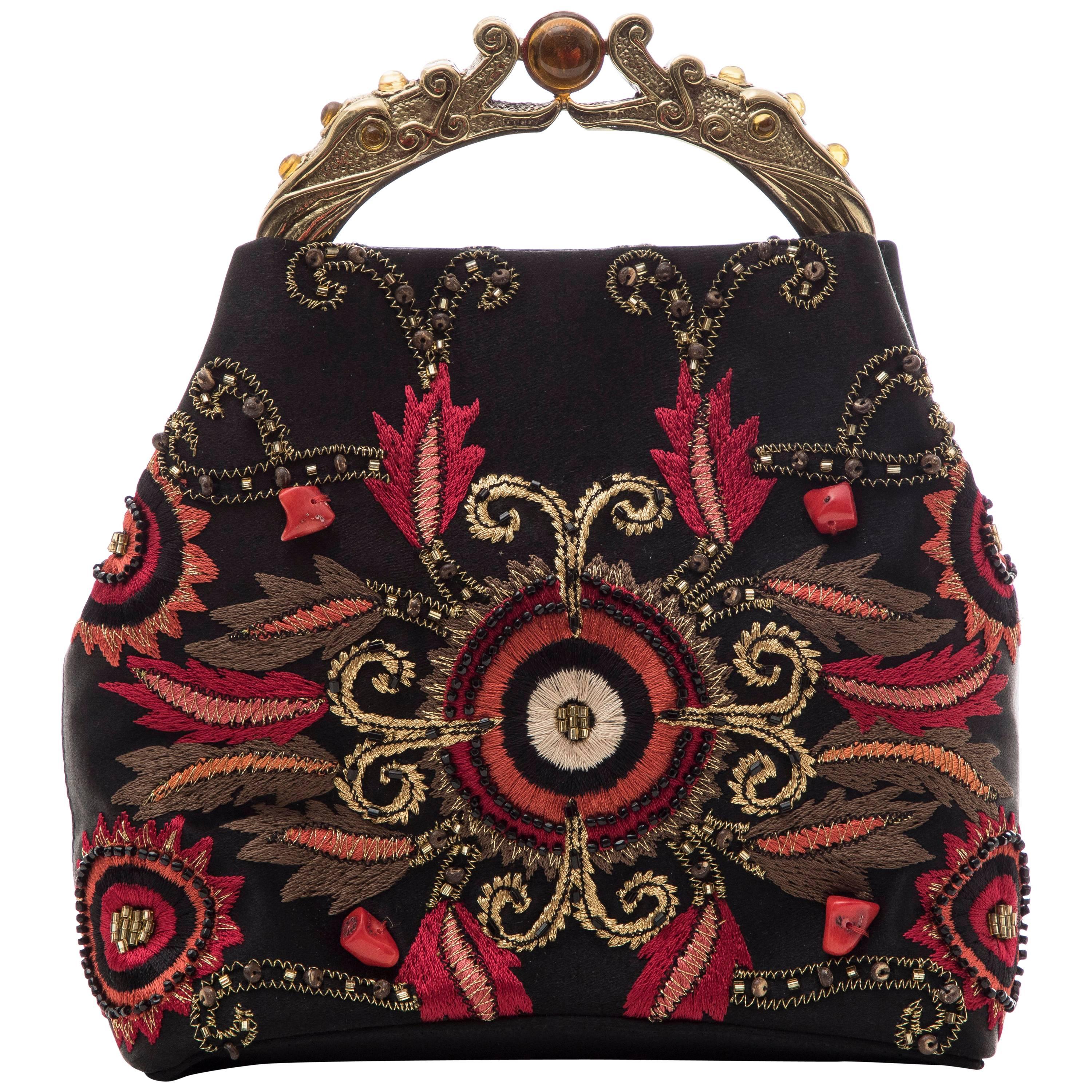 Natori Black Silk Satin Embroidered Evening Bag