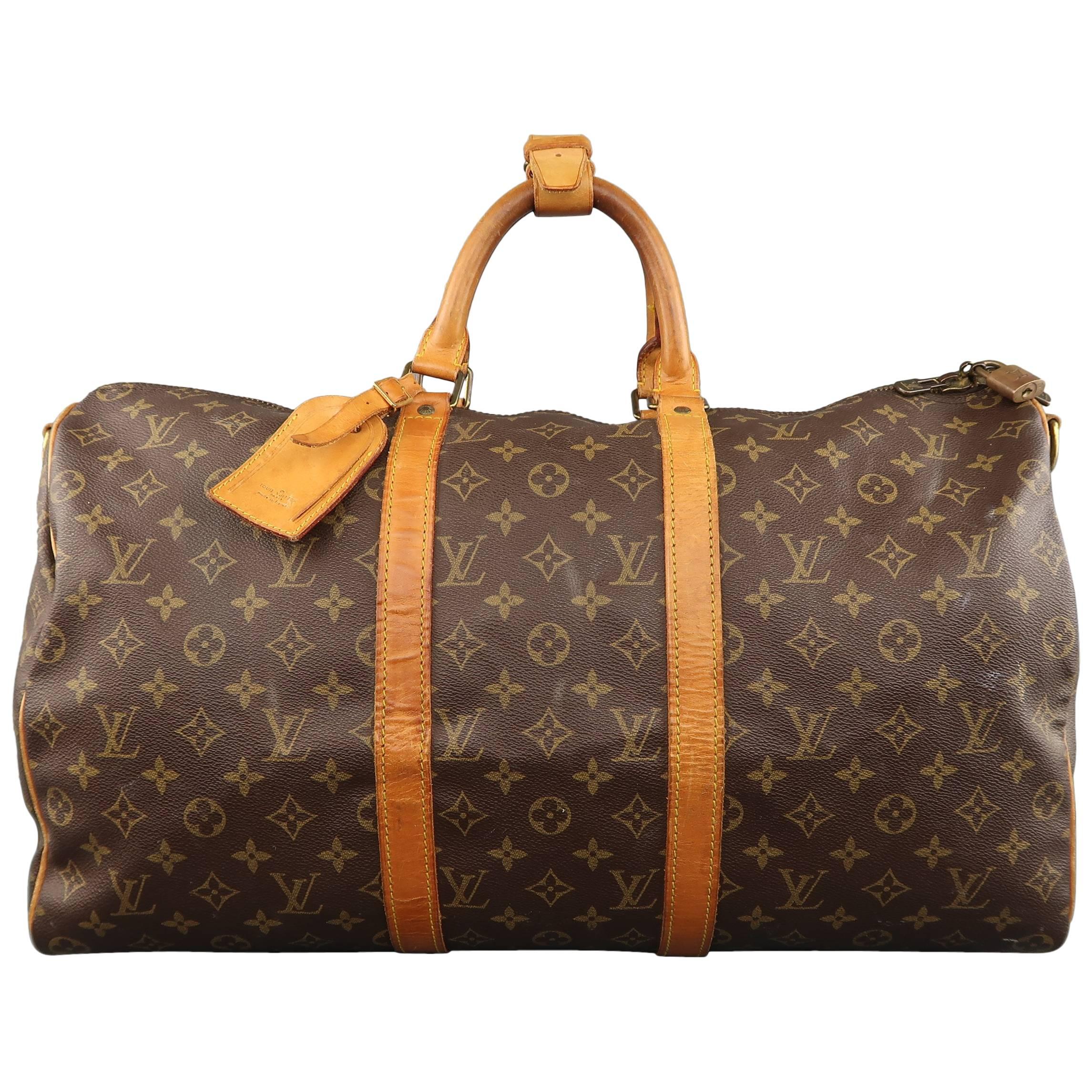 Vintage LOUIS VUITTON KEEPALL 50 Bag Brown Monogram & Leather Duffel Bag