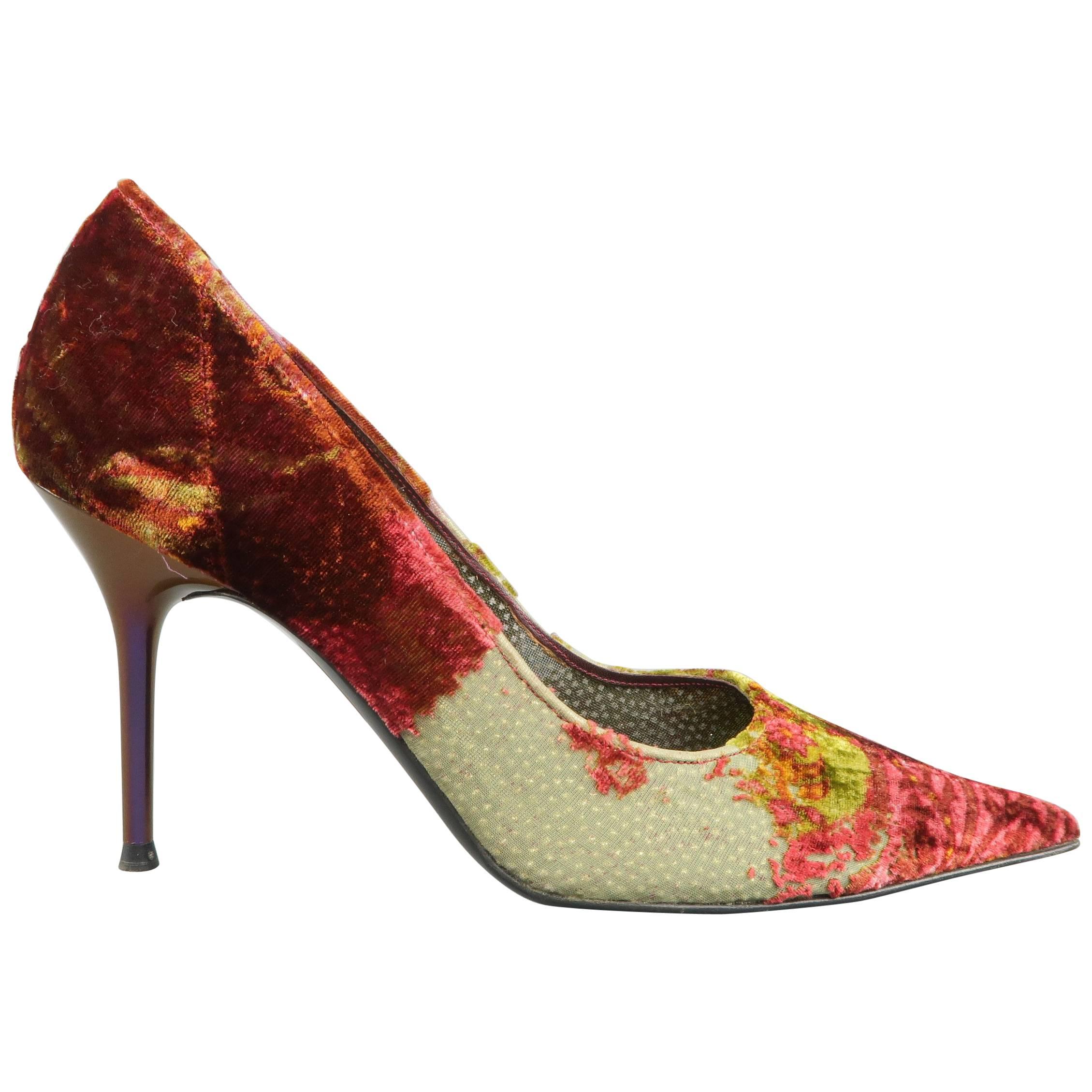 RENE CAOVILLA Size 10 Burgundy & Green Silk Burnout Velvet Pointed Toe Pumps