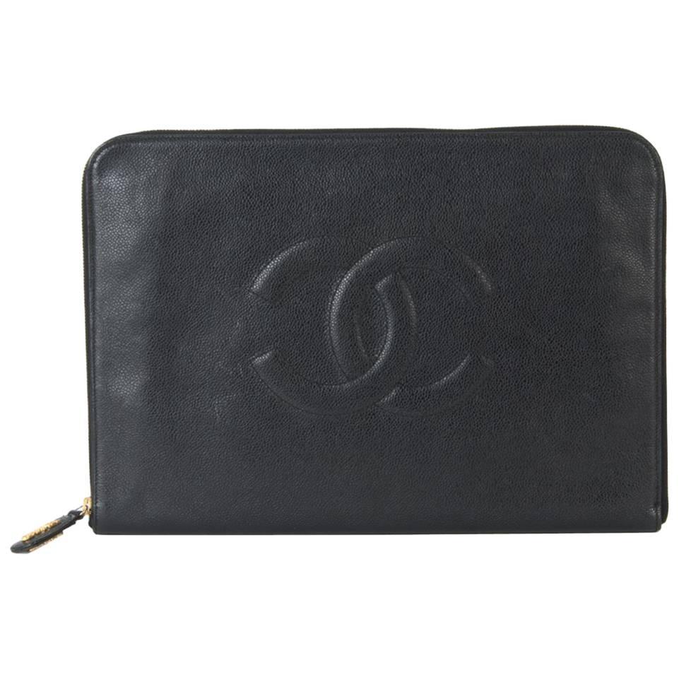 Chanel Black Leather Large Men's Travel LapTop iPad Tech Carryall Clutch Bag