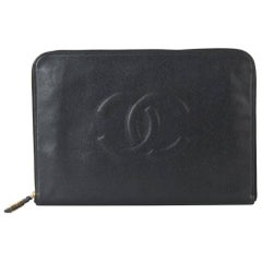 Retro Chanel Black Leather Large Men's Travel LapTop iPad Tech Carryall Clutch Bag