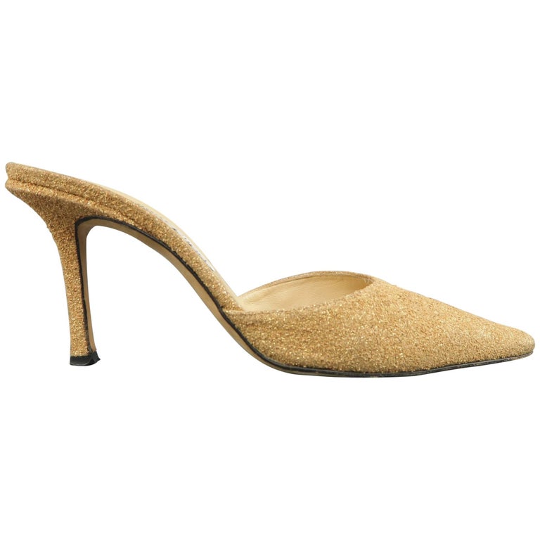 JIMMY CHOO Size 10 Gold Glitter Cork Textured Leather Mule at 1stDibs