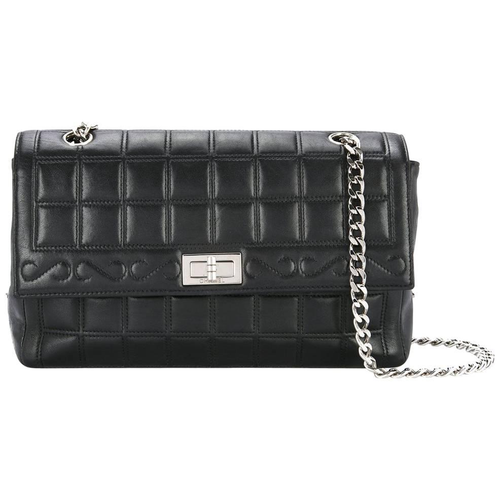 Chanel Black Leather Silver Turnlock Evening Single Double Shoulder Flap Bag 