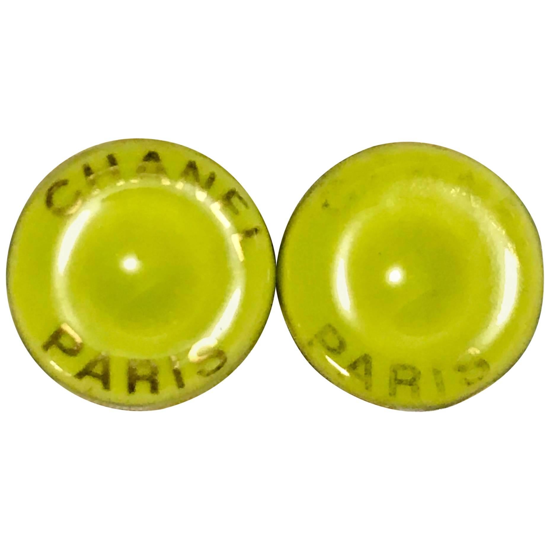 Vintage CHANEL yellow green, lime color and golden round button candy earrings. For Sale