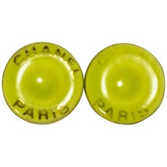 Retro CHANEL yellow green, lime color and golden round button candy earrings.
