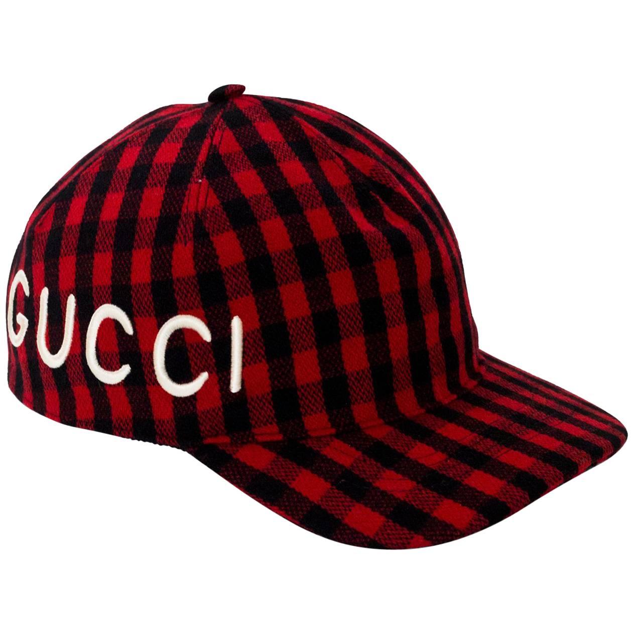 Gucci Black and Red Gingham Flannel Loved Baseball Cap sz M/58 