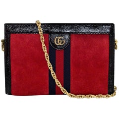 Gucci NEW '18 Runway Red Suede & Black Patent Vintage Style Ophidia Bag w/ Chain