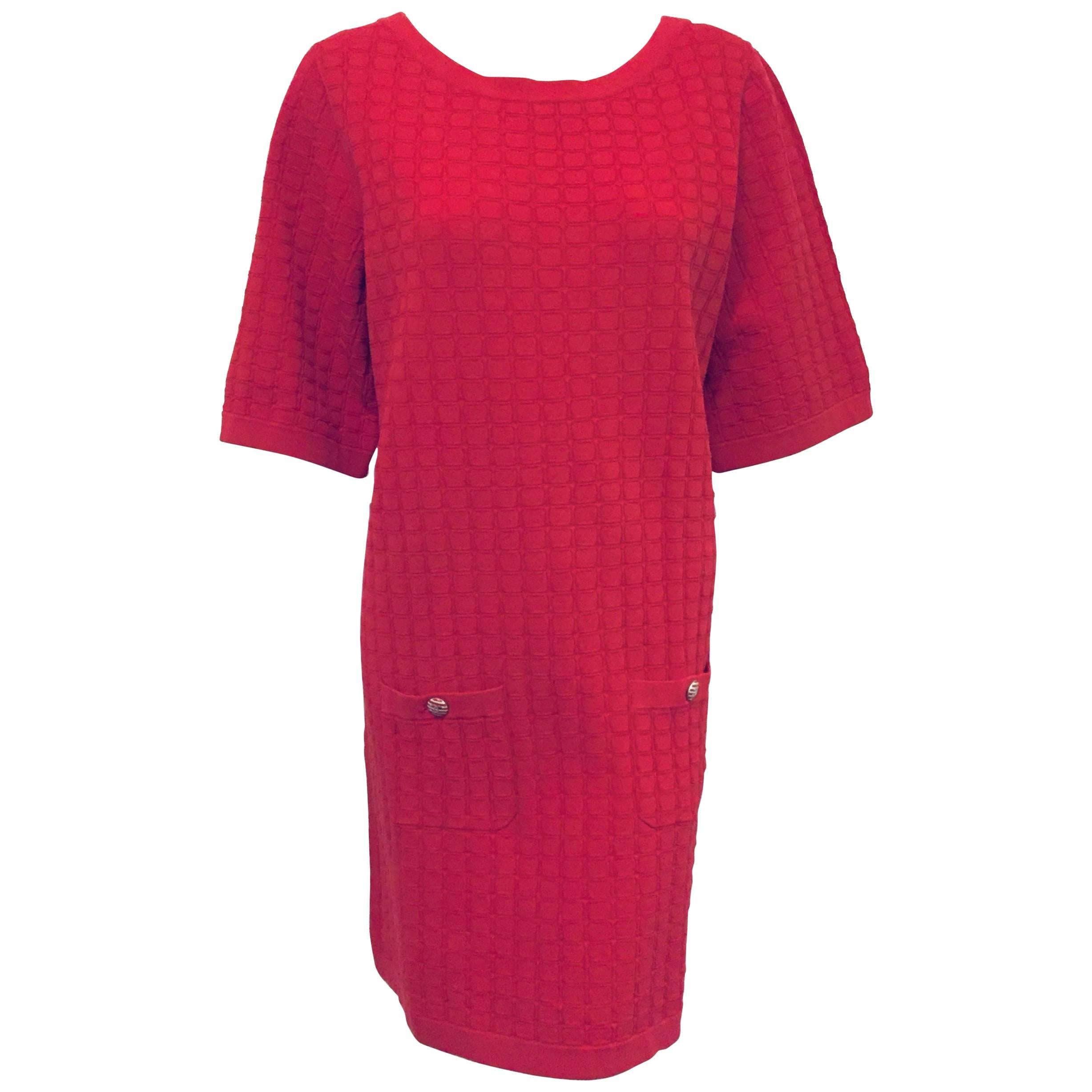 Contemporary Chanel Red Cotton Blend Casual Dress W 2 Bucket Pockets For Sale