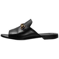 Gucci Black Leather Open-Toe Horsebit Mules Sz 37 with Box, DB