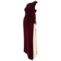 1960s Sarmi Red Velvet Evening Dress w/ Sheer White Silk Skirt Accent