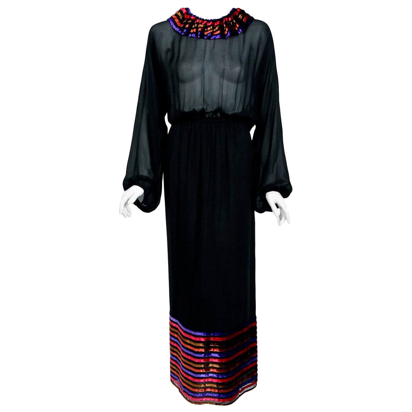 Vintage 1978 Lanvin Couture Black Sheer Silk & Stripe Velvet Billow-Sleeve Gown