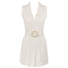 CHANEL Boutique c.1980s White Silk Pleated Drop Waist Shift Dress Signature Belt