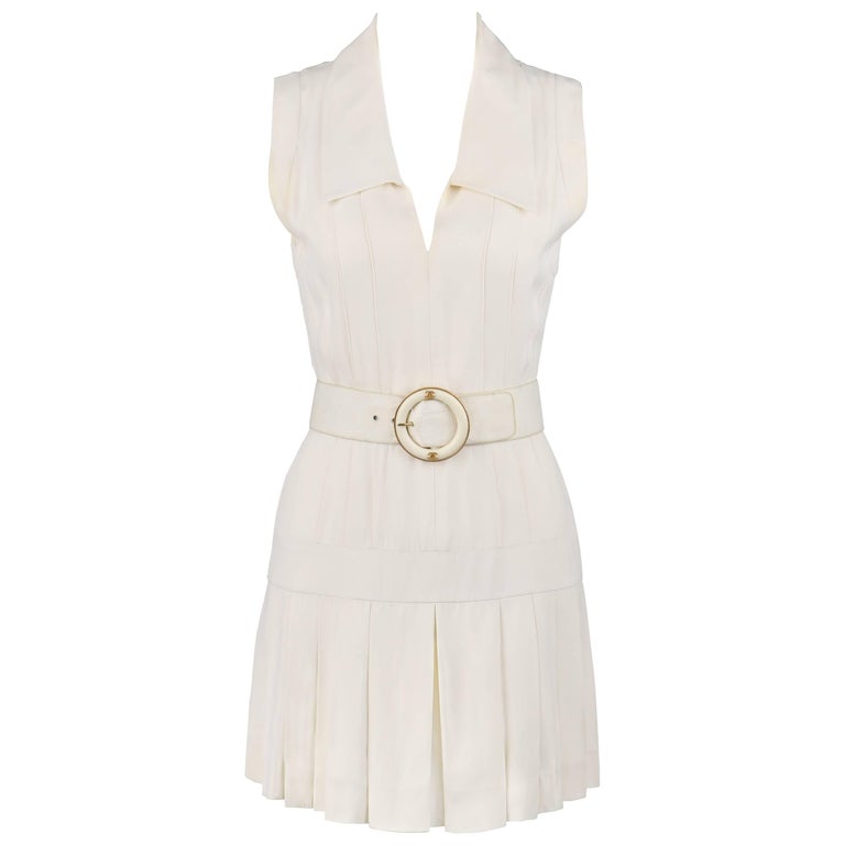 CHANEL Boutique c.1980s White Silk Pleated Drop Waist Shift Dress