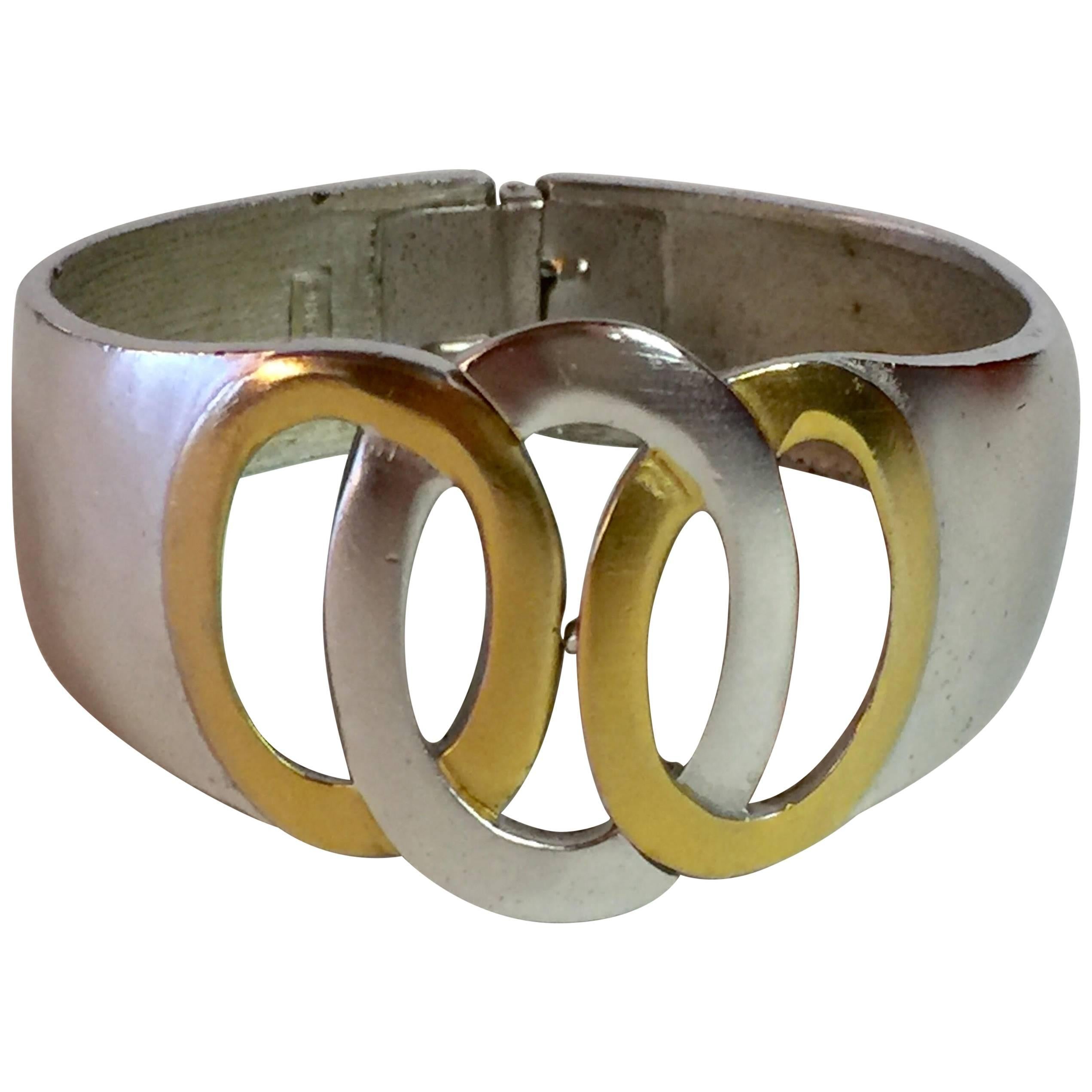 Kunio Matsumoto 1960s TRIFARI Mixed Metals Silver and Goldtone Hinged Bracelet For Sale